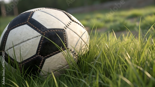 Classic Black-and-White Soccer Ball on Green Grass with Soft Natural Light