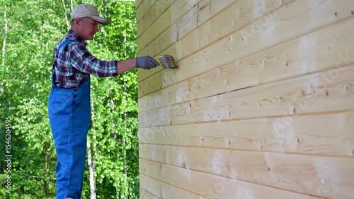Man Painting Wooden House Wall Outdoors