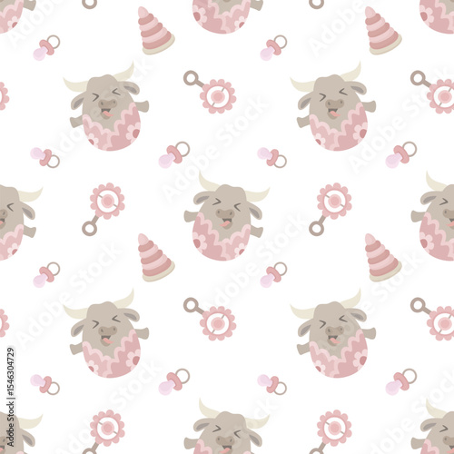 Seamless pattern with baby bulls and toys