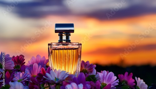 a glass perfume bottle sits among vibrant flowers under a colorful sky at dusk evoking beauty and elegance
