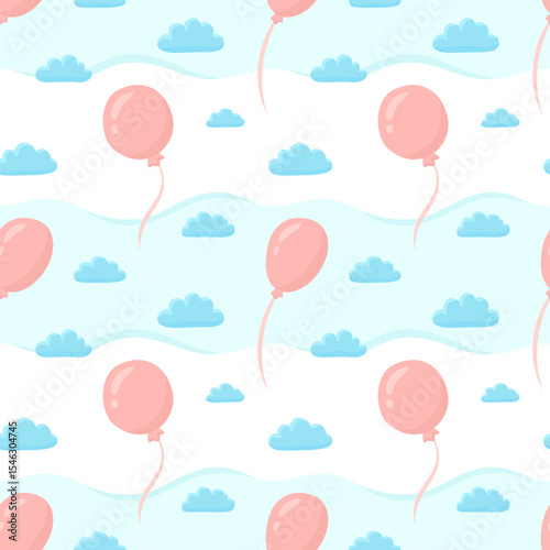 Seamless pattern with floating balloons and clouds