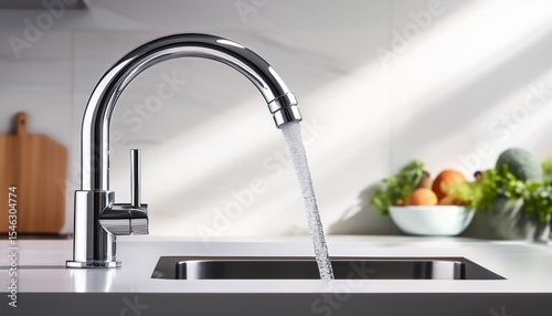 chrome plated kitchen faucet serving as a water mixer featured in a clean close up