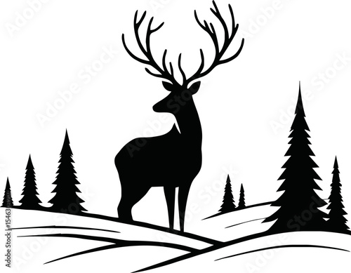Beautiful silhouettes deer on white background. Winter elements for decor and holiday postcards. Vector illustration