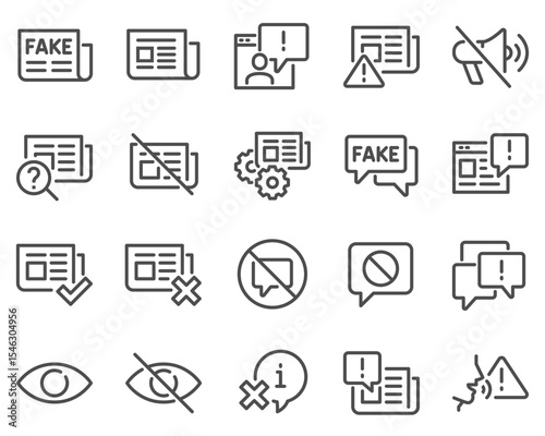 Simple Set of Fake News Related Vector Line Icons. Contains such Icons as Wrong Information, Propaganda, Inappropriate Content and more.