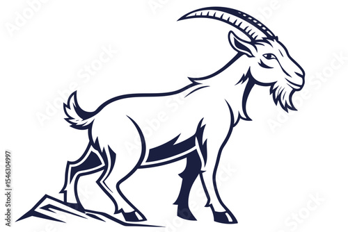 Monochrome goat figure is standing powerfully atop broken ground and looking forward intently