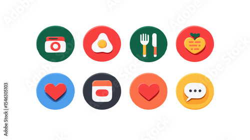 Food blog thumbnail Set of 6 Flat Blog Icons Camera Plate Pencil Fork Knife Heart Comment Bubble