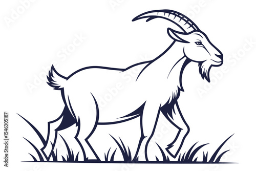 Majestic goat strides confidently through sparse grass in a detailed, monochrome silhouette