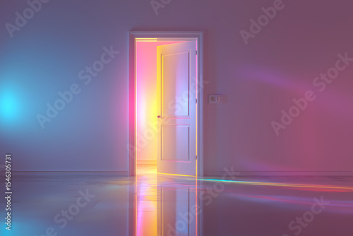 otherworldly and alternate dimension portal Open White Door Bathed in Vibrant Prism Light Rays
