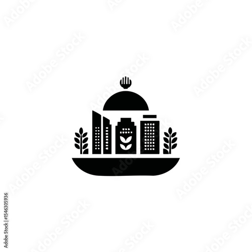 Logo concept of corporate catering service bold glyph silhouette cloche and building icon merged