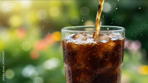 Refreshing cola soda being poured into a glass cup with ice on a sunny summer day.