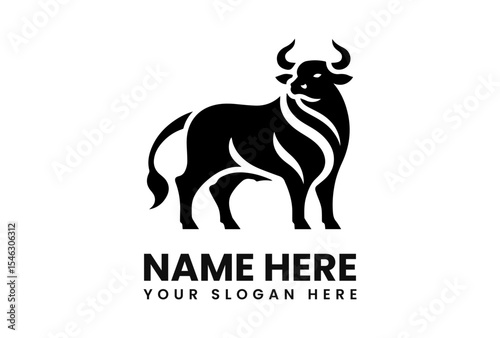 A stylized black bull stands with its head turned slightly, isolated on a white background.