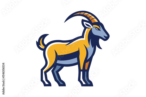 Stylized ibex stands calmly displaying its majestic horns and impressive stance on the plain background