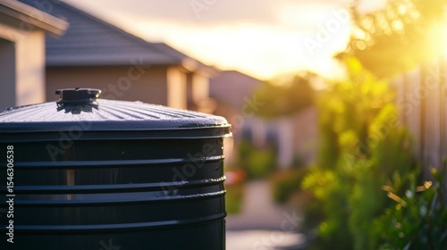 Black rainwater tank in suburban yard with soft sunlight illuminating pathway and greenery in the background during golden hour, representing sustainability and eco-friendly practices.