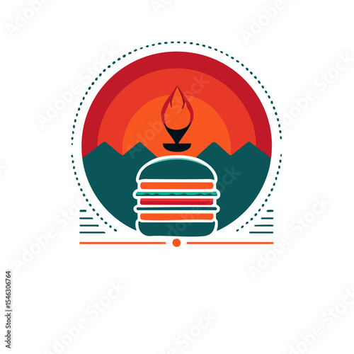 Logo concept of gourmet burger bistro nostalgic badge flame and burger stack