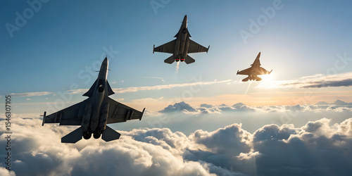Silhouetted fighter jets in V formation at sunset