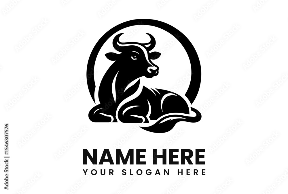 Fototapeta premium Black and white logo of a resting bull in a circular frame.
