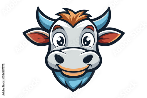 Adorable cow mascot with big cartoon eyes smiles cheerfully towards you on white