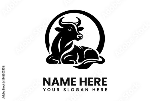 Black and white logo of a resting bull in a circular frame.