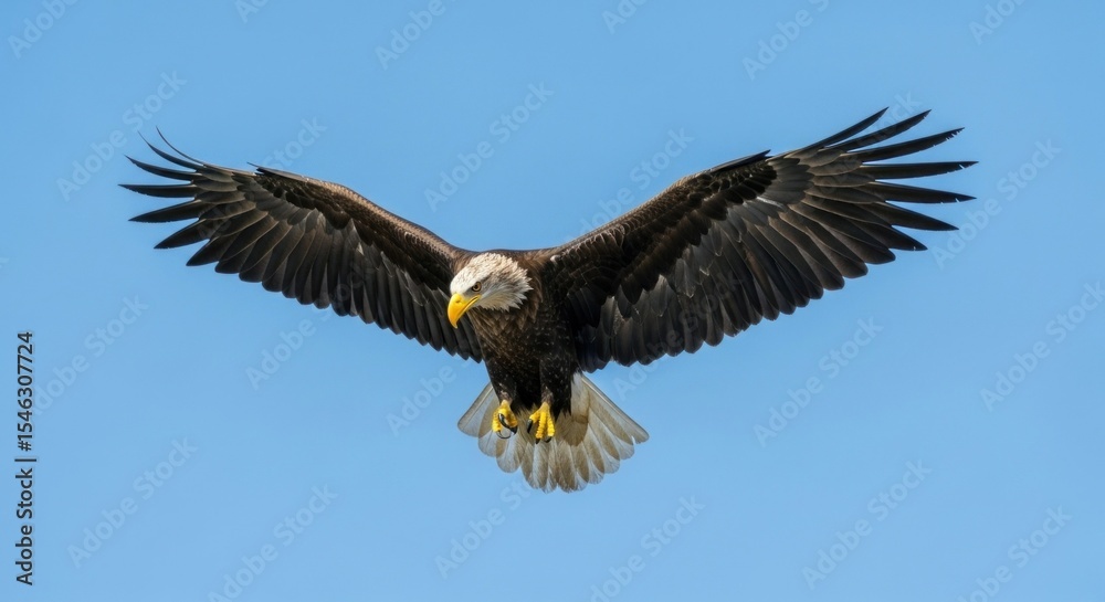 Fototapeta premium Bald eagle in flight against a clear sky.