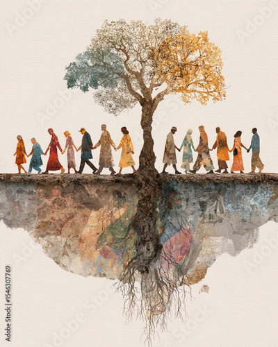Tree with roots formed by diverse human figures holding hands, symbolizing unity and connection across cultures and generations