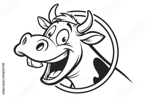 Animated cheerful cow head displaying its teeth within a circular frame in monochrome