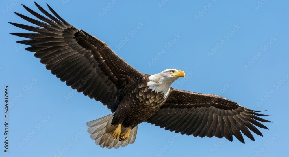 Fototapeta premium Majestic bald eagle soaring through a clear blue sky.