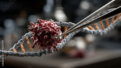 Gene editing with tweezers targeting red cancer cell on DNA strand, symbolizing biotech drug discovery and medical research