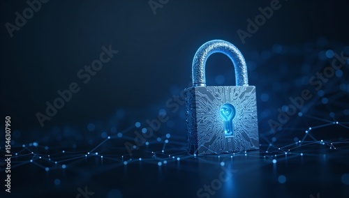 Cybersecurity concept with glowing digital padlock and abstract network background.