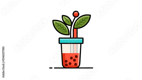 Minimalist doodle icon of bubble tea cup with tapioca pearls Beverage Tea Shop