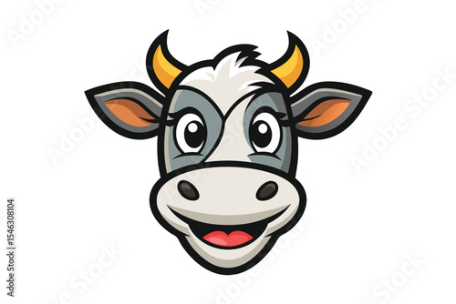 Smiling cartoon cow head with gold horns is featured on a white background