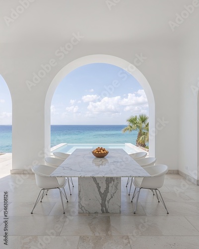 Dining area of a Roman beach villa that fuses ancient architecture with minimalism in front of beach designed in marble white and aquamarine theme