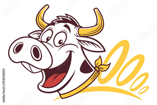 Smiling cartoon cow with a yellow scarf cheerfully says moo over white background