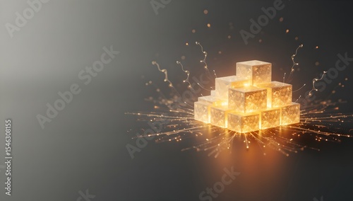 Abstract illuminated cubes forming steps with energy trails and particles