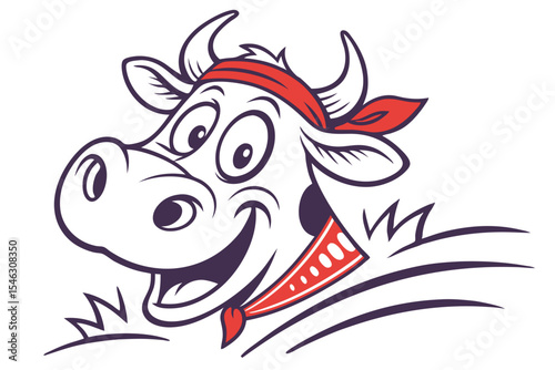 Playful cartoon cow smiles wearing a bandana around its head and neck in vector