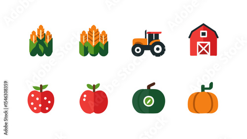 Organic market signage Set of 7 Flat Organic Icons Farm Produce Wheat Sheaf Barn Tractor Organic Badge Apple Pumpkin