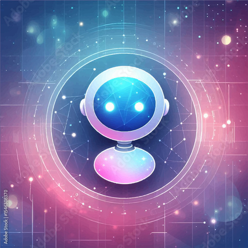 A color image of the avatar of a cute cartoon cyborg in a digital virtual space on a purple blue-pink background. Vector graphics. EPS.
