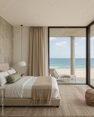 Sleeping area of a Cambodian coastal home that fuses ancient architecture with minimalism in front of beach designed in misty jade and beach beige theme