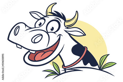 The happy white cow illustration shows off a cute smile near green leaves