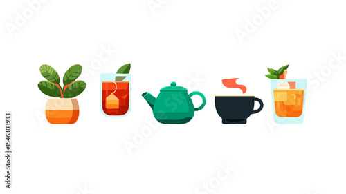 Tea house social post Set of 5 Flat Beverage Icons Teapot Teacup Tea Leaf Iced Tea Glass Tea Bag