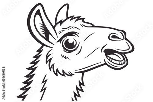 Monochrome llama gazes cheerfully forward with its mouth slightly open in black and white