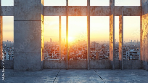 Stunning Urban Sunset View from a Bare Concrete Building Frame Overlooking a Cityscape with Skyline and Warm Light Casting Shadows in the Evening