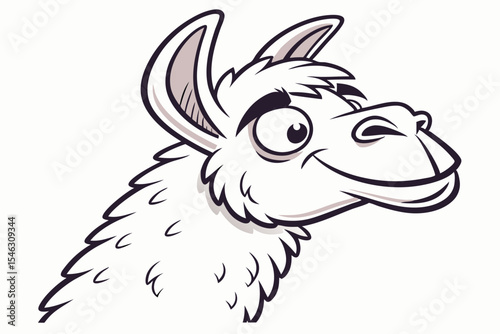 Playful llama head smiles while facing right in a charming cartoon portrait