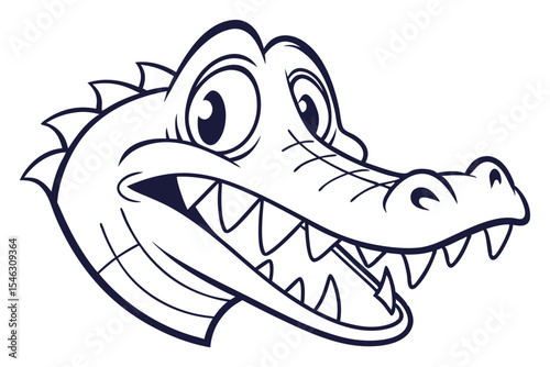 Cartoon alligator shows its teeth with a big smile and bulging eyes outline style