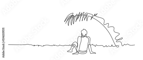 man sitting alone looking sea view sunset scenic absent minded one line drawing continuous