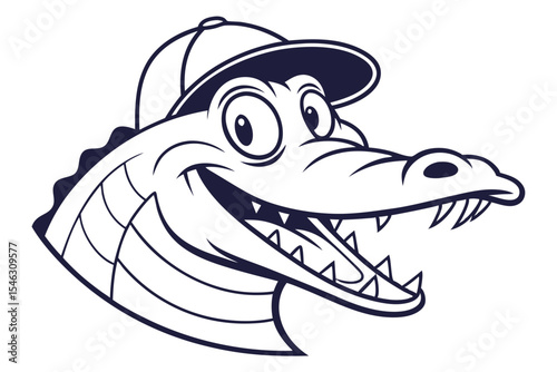 Playful cartoon alligator smiles broadly, wearing a baseball cap, drawn with clean, bold outlines
