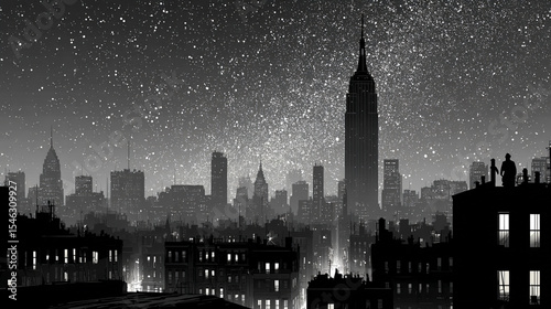 Midnight Metropolis: An iconic city skyline, dominated by a towering skyscraper, shimmers under a star-studded night sky in grayscale, evoking a sense of grandeur and wonder.