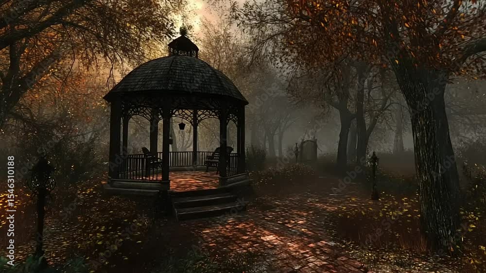 Serene autumn scene featuring a gazebo surrounded by misty trees and colorful foliage