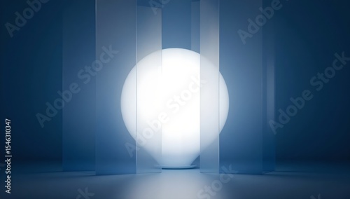 Abstract glowing sphere light with transparent panels in a dark blue space