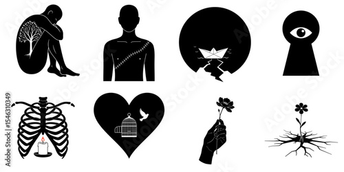 Set of vector isolates expressing emotional healing, inner transformation, heart, human, flower, crack, skeleton, for mental health professionals, education, editorial design
