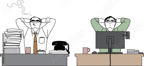 デスクワークの昭和のサラリーマンと令和のビジネスマン。仕事に悩む日本人男性のベクターイラスト